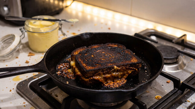 Burnt cheese sandwich chars in skillet. Burnt sandwich with melted cheese sits in cast iron pan on stovetop, showing cooking mistake, kitchen accident, comfort food gone wrong, home cooking