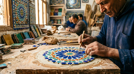 Talented Artisan Creating Intricate Hand-Painted Ceramic Mosaic in Workshop.