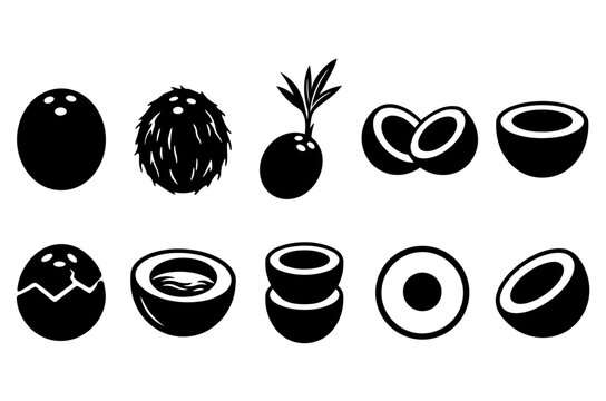 Coconut glyph icon set. collection of whole, half, and sprouting tropical fruit