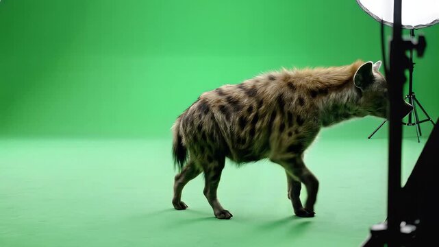 Spotted Hyena Walking in Studio with Green Screen Background.