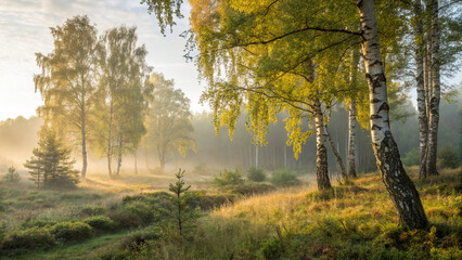 Fototapeta premium Birch Forest at Dawn with Mist