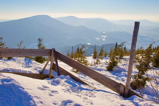Winter on Lysa Hora with a cool dip into the Ostravice River valley in the Beskydy Mountains in Moravia, Czech Republic.	