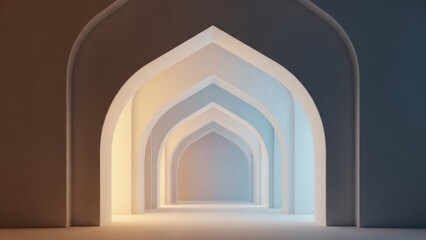 Fototapeta premium A serene, digitally rendered image of multiple, layered, pointed archways recede into the distance, transitioning from warm to cool lighting