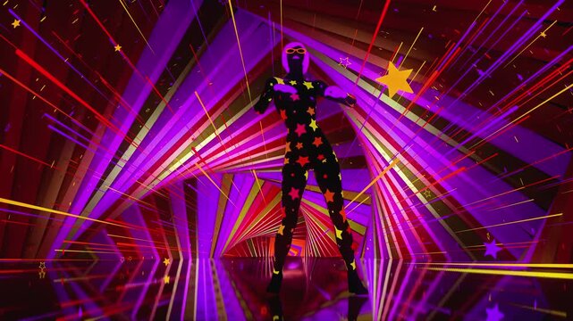 4K seamless orange and purple VJ loop with dancing woman figure, and geometric shapes for VJ sets, high-tech club visuals, electronic music festivals, stage screens, LED video walls