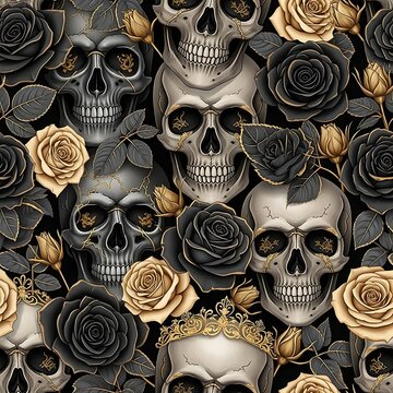 Skulls and Roses Pattern in Black, White, and Gold
