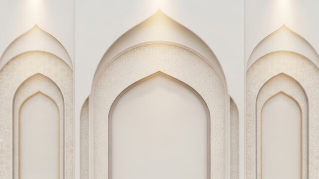A detailed image of three identical, beige-colored, ornate arches with pointed tops