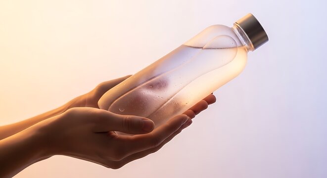 Hands gently cradle a sleek, transparent water bottle filled with pure, refreshing water, glowing softly against a radiant background, symbolizing healthy hydration and a sustainable lifestyle