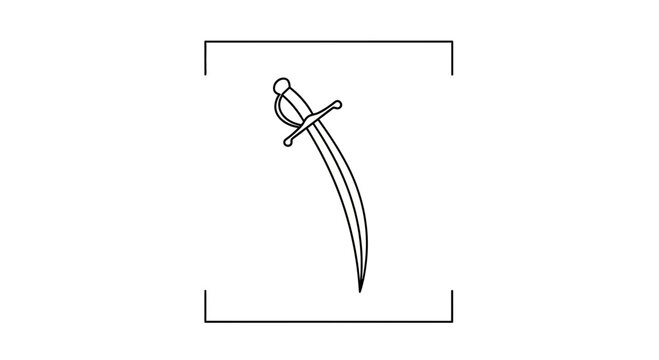 Black and White Drawing of a Curved Sword with a Guard