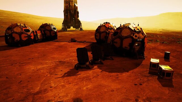 A Mars base features multiple habitats and equipment under a golden sky. The setting highlights human innovation in exploring Mars and preparing for potential colonization efforts.