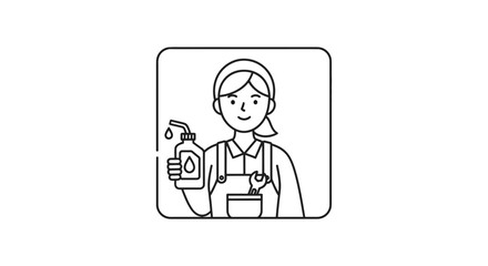 Fototapeta premium Woman Mechanic Holding Oil Bottle, Wrench, and Bucket - Line Art Icon