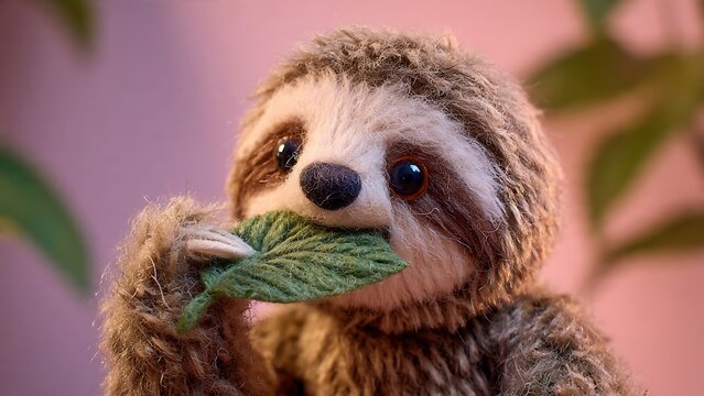 sloth plush toy slowly eating a felt leaf, exaggerated cute chewing motion, soft fluffy texture, stitched smile, macro close-up shot, pastel background