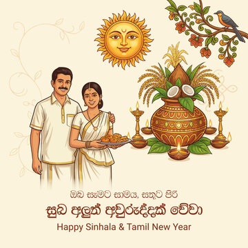 Sinhala and Tamil New Year Wishes Illustration with Traditional Sri Lankan Couple, Sun, and Pot - Suba Aluth Avuruddak Weva