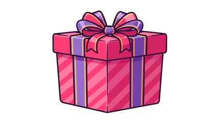 Obraz premium Festive Pink Gift Box Vector Illustration with Purple Ribbons and Stripes, Cartoon Style Graphic for Holiday Celebrations, Birthdays, and Special Occasions