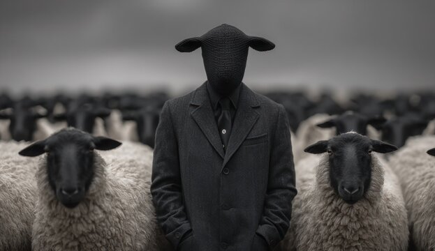 Businessman in a dark suit wearing a black sheep mask standing amid a flock of sheep in an open landscape