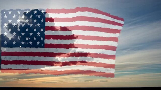 American flag burning in desert at sunset with dramatic smoke and patriotic symbolism