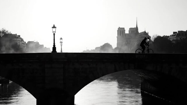 Silhouette of a solitary cyclist crossing a historic bridge at sunrise, with a famous cathedral in the background, evoking a sense of journey and contemplation