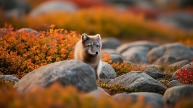 A small brown and white furry animal with perked ears sniffs the ground amidst vibrant orange foliage and large gray rocks