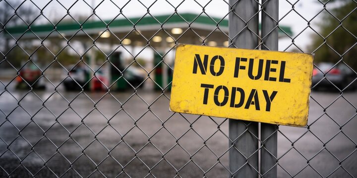Energy crisis and supply disruption. No fuel today sign on fence. Closed gas station behind barrier. Fuel shortage and restricted access concept. Infrastructure shutdown and fuel scarcity