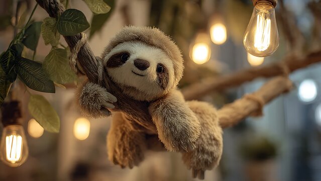 cute sloth plush toy hanging upside down from a soft fabric tree branch, gently swinging, fluffy texture with stitched details, cozy indoor jungle setup
