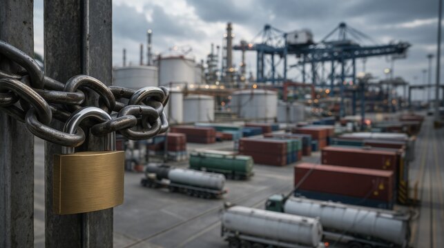 Locked oil terminal with chain and padlock. Fuel storage and logistics shutdown scene. Energy supply disruption and embargo concept. Oil industry crisis and transportation halt. Global fuel shortage