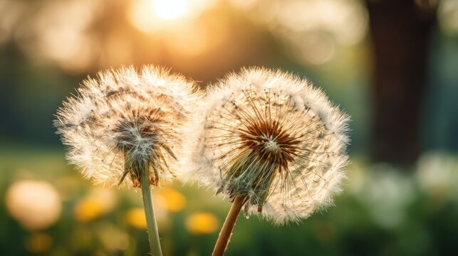 Delicate dandelion seeds dispersing into the air with golden sunlight and bokeh