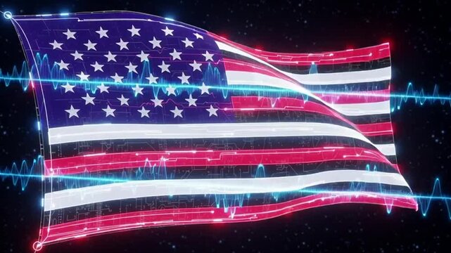 American flag with neon effect waving in space