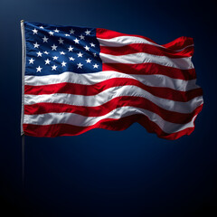 Obraz premium Waving flag of the United States of America against a dark blue background with cinematic studio lighting and deep shadows
