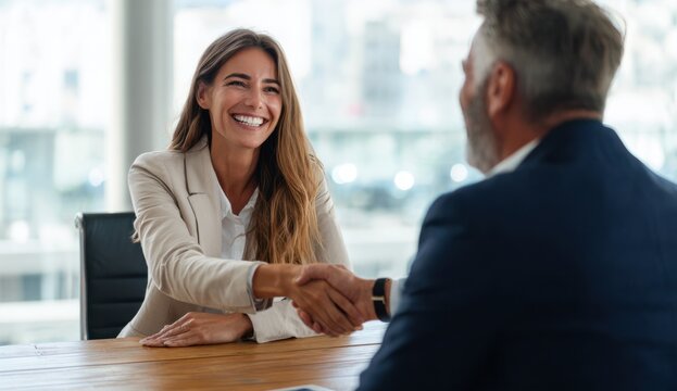 Businesswoman with long brown hair in a beige blazer smiling and shaking hands with a businessman in a formal suit in a modern office setting