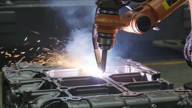 A robotic arm welds a metal engine block in an industrial setting with sparks flying.