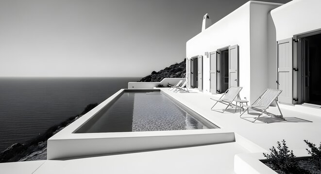 Luxury Villa with Infinity Pool Overlooking the Sea, Black and White