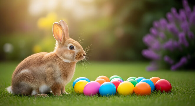 Adorable brown rabbit gazing at colorful easter eggs in a lush garden