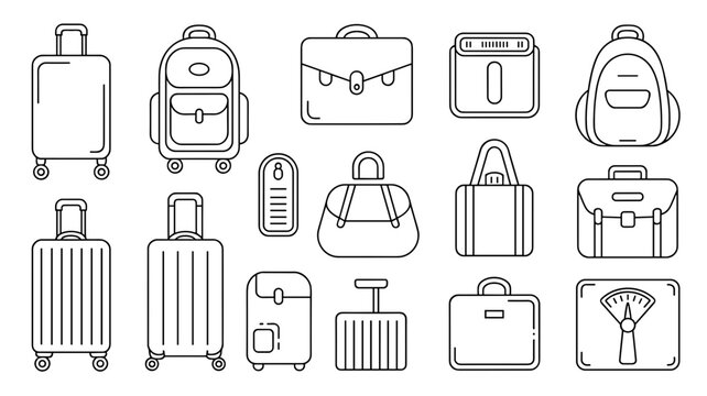 Minimal Suitcase Line Icon Set Travel Bag, Luggage and Journey Symbols