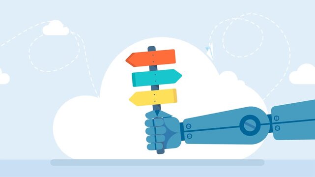 Robot hand hold road sign with arrows or ways of development. Machine learning. Bot with AI give decision, choose alternative pathway, choice, deciding, find right solution. 2d flat animation
