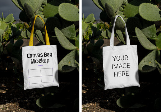 Tote Bag Hanging on Cactus PSD Mockup