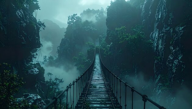Misty Jungle Suspension Bridge Leading into the Unknown.