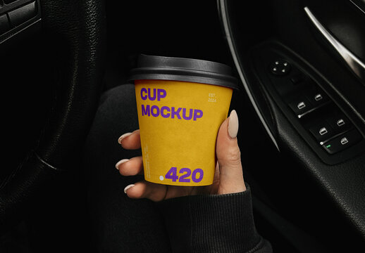 Paper Coffee Cup in the Car Mockup