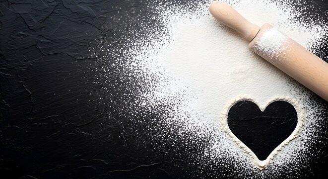 A minimalist and elegant scene featuring a heart shape made of flour on a dark slate surface, ideal for baking, Valentine's Day, romance, or healthy lifestyle marketing campaigns.