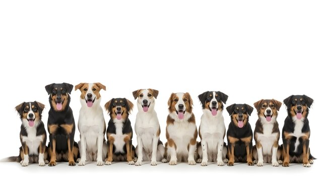 A delightful collection of diverse dog breeds lined up for a portrait, showcasing their unique personalities