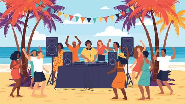 Lively beach party scene features a dj playing music on a deck while a group of people dances under palm trees.