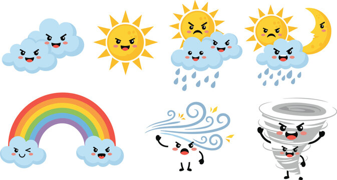 Cute kawaii weather character icons set with angry sun clouds rainbow and tornado mascots for children stickers and educational designs