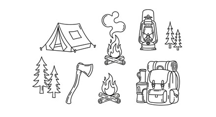 Camping gear and outdoor equipment icons. © Watirah_Martodimejo
