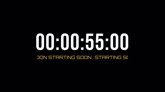 Digital Countdown Clock Starting Soon for Live Streaming with Yellow Scrolling Text and One Minute Timer 4k video animation seamless loop