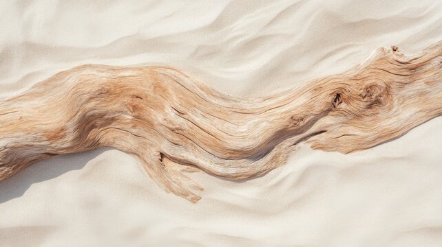 Photorealistic close-up of driftwood textures on sandy beach surface