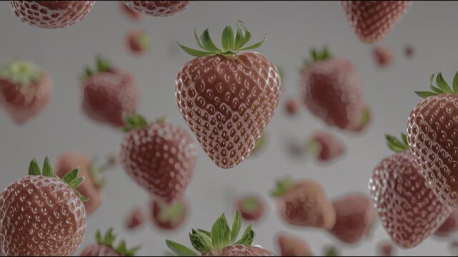 Ripe red strawberries slowly falling on a grey background in a conceptual slow motion video