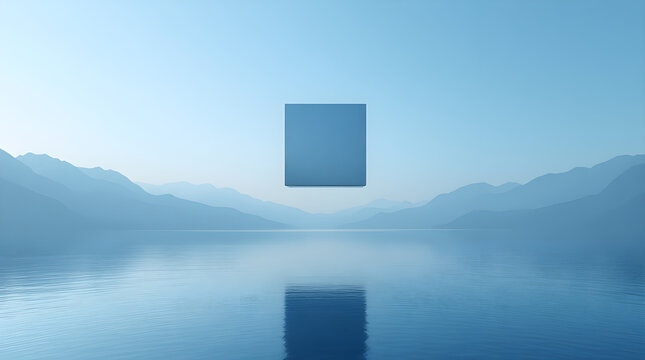 A floating blue cube centered above a calm lake with misty mountains in a minimalist surreal landscape, soft daylight, cinematic 3d render