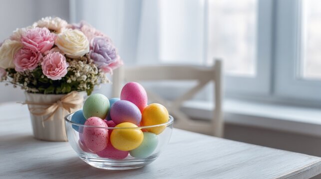 Colorful easter eggs arranged in a glass bowl on a table with fresh flowers in the background