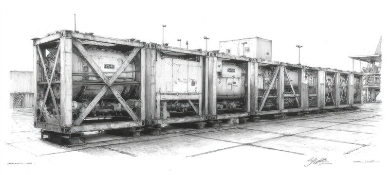 Intermodal freight train wagons carrying large cylindrical tanks