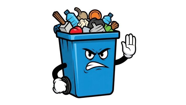 A blue trash can with an angry face and raised hand, filled with various garbage