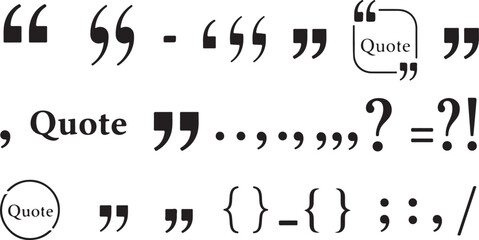 Obraz premium A collection of black vector punctuation marks, including quotation marks, question marks, and quote bubble frames for typography and layout design.