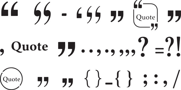 A collection of black vector punctuation marks, including quotation marks, question marks, and quote bubble frames for typography and layout design.